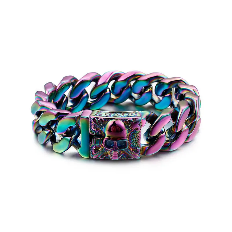 customized titanium steel Cuban link bracelet with men's skull design in European and American style