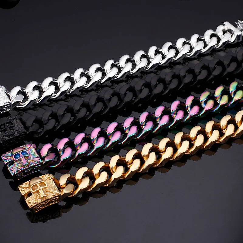 customized titanium steel Cuban link bracelet with men's skull design in European and American style