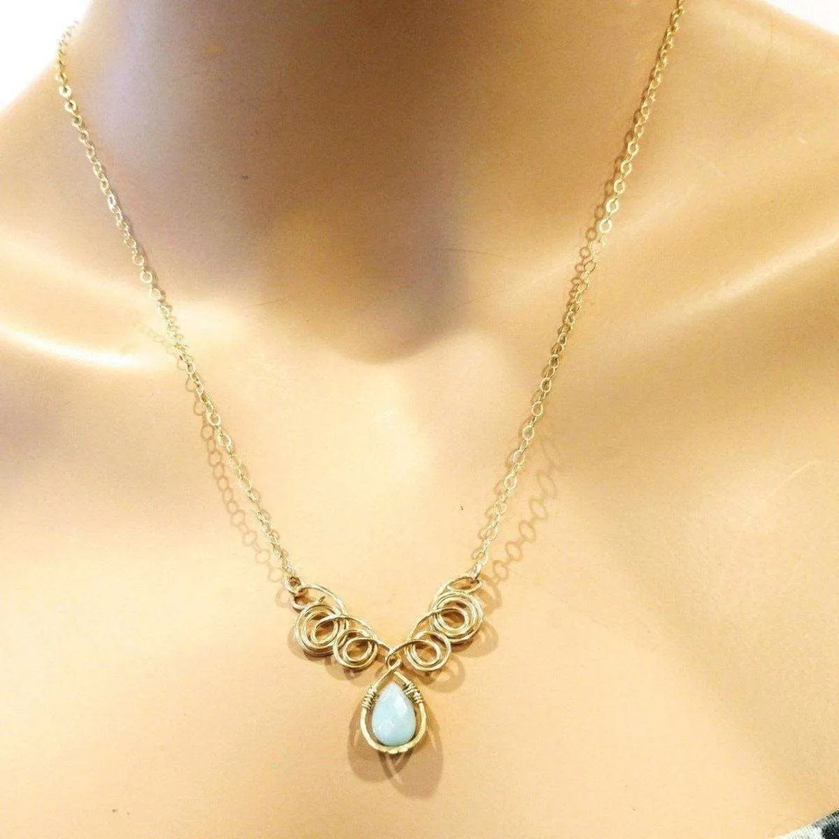 Gold Filled Wire Sculpted Mint Gemstone Drop Necklace